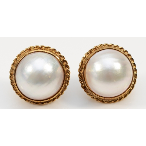 146 - A pair of vintage 9ct gold Mabe pearl ear studs, Sheffield 1996, diameter16mm, 6.6gm