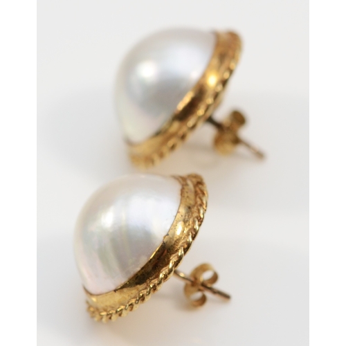 146 - A pair of vintage 9ct gold Mabe pearl ear studs, Sheffield 1996, diameter16mm, 6.6gm