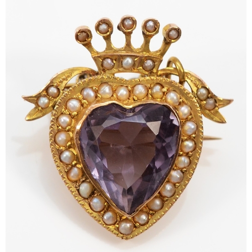 149 - A Victorian unmarked gold amethyst and half pearl crowned heart brooch, tests 9ct, probably Scottish... 