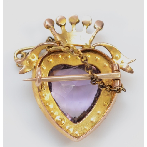 149 - A Victorian unmarked gold amethyst and half pearl crowned heart brooch, tests 9ct, probably Scottish... 