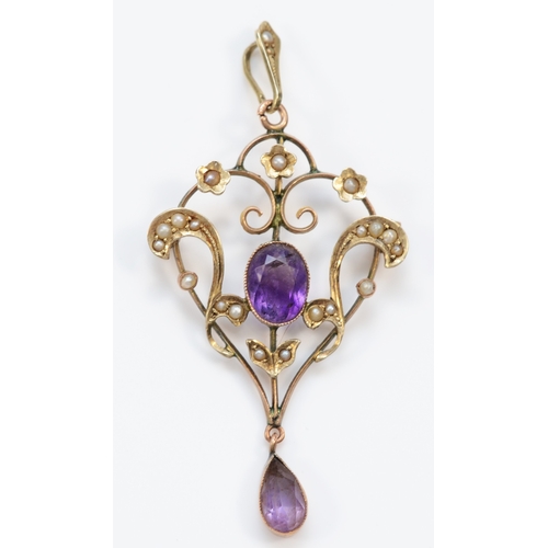 151 - A Victorian 9ct gold amethyst and half pearl brooch pendant,  stamped 9ct, 59mm, lacking pin, 3.5gm