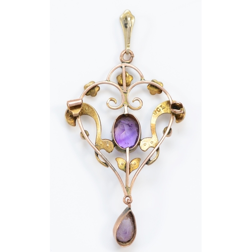 151 - A Victorian 9ct gold amethyst and half pearl brooch pendant,  stamped 9ct, 59mm, lacking pin, 3.5gm