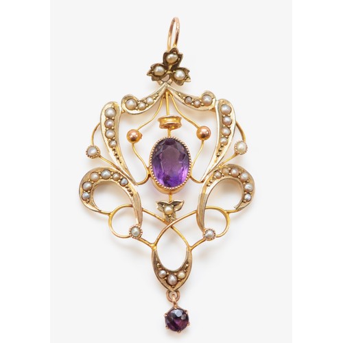 152 - An Edwardian 9ct gold amethyst and half pearl open work scroll pendant, 47mm, 2.7gm