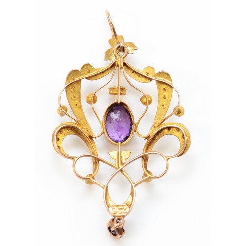 152 - An Edwardian 9ct gold amethyst and half pearl open work scroll pendant, 47mm, 2.7gm