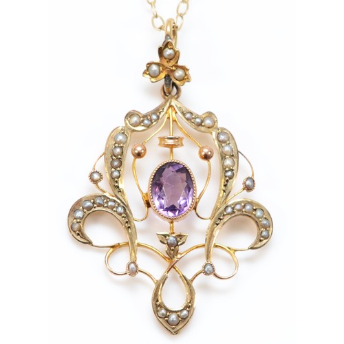 157 - An Edwardian 9ct rose gold amethyst and half pearl openwork scroll pendant, 43mm, 9ct tab, later cha... 