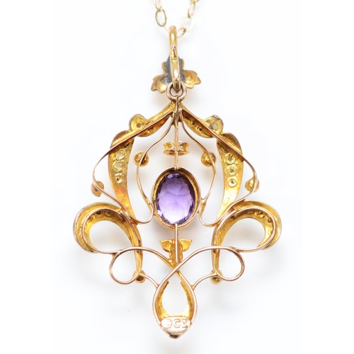 157 - An Edwardian 9ct rose gold amethyst and half pearl openwork scroll pendant, 43mm, 9ct tab, later cha... 