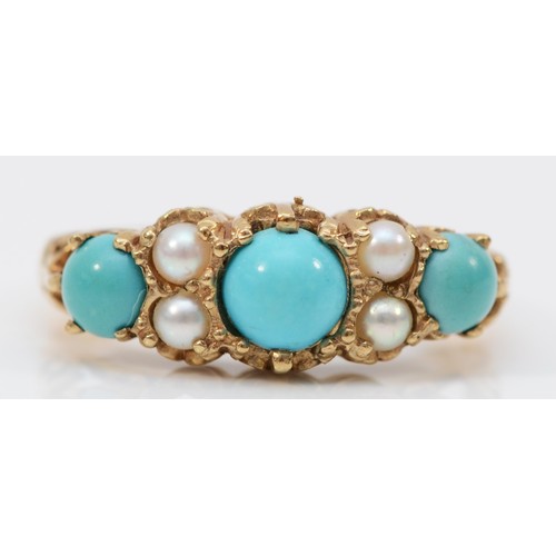 159 - A Victorian style 9ct gold three stone turquoise ring, cultured pearl points between, carved mount, ... 