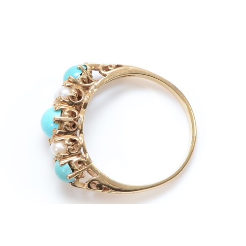 159 - A Victorian style 9ct gold three stone turquoise ring, cultured pearl points between, carved mount, ... 