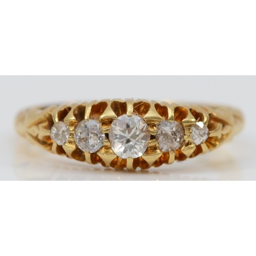 162 - A Victorian 18ct gold and diamond five stone ring, Birmingham 1898, claw set with graduated old cut ... 