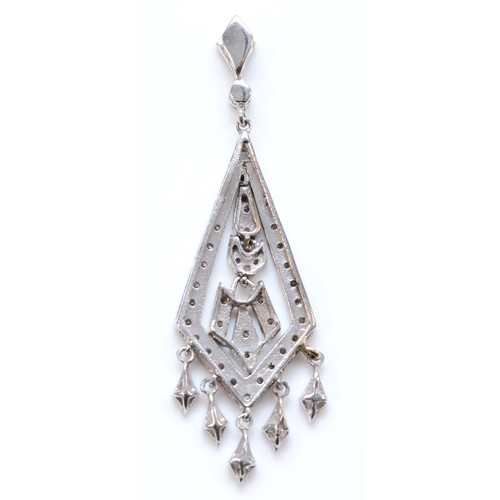 165 - An unmarked 18K gold and diamond Art Deco style pendant, set with brilliant cut stones, 44mm, 3.3gm.