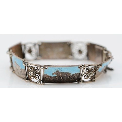 169 - A Swedish 830 standard silver and enamel panel link bracelet, composed of six panels with reindeer, ... 