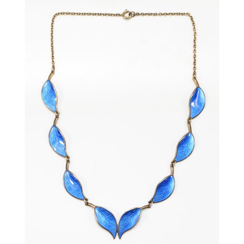 173 - David Anderson, a Norwegian silver and blue enamel leaf necklace, signed, 42cm, 18gm