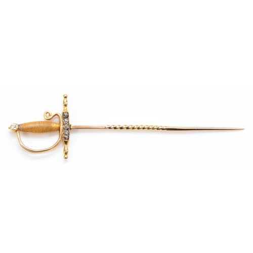 176 - A 19th century Continental unmarked gold and diamond sword stick pin, set with rose cut diamonds, 77... 