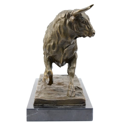 185 - A large bronze model of a Bull, signed 'Milo' later casting with foundry mark, upon a rectangular po... 