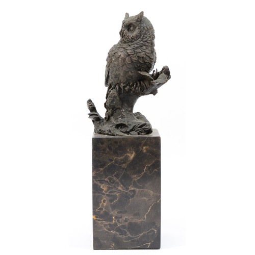 186 - A  bronze model of an owl, signed 'Milo' later casting with foundry mark, upon a square polished mar... 