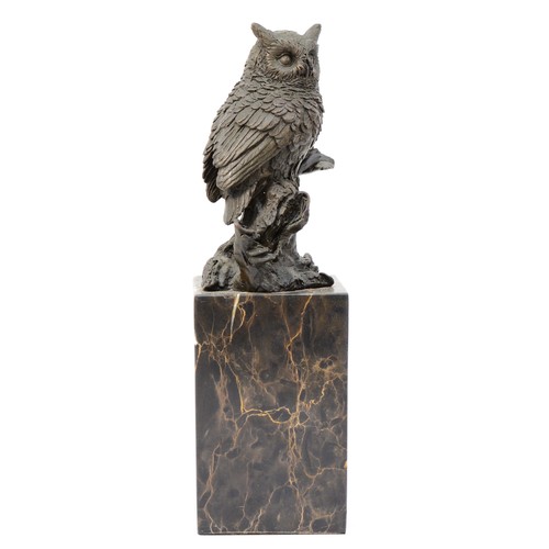 186 - A  bronze model of an owl, signed 'Milo' later casting with foundry mark, upon a square polished mar... 