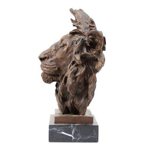 187 - A large bronze sculptured mask of a lion, signed 'Barye', later casting, upon a square polished marb... 