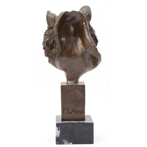 188 - A bronze sculpture of a lions head, signed 'P.J.Mene' later casting, upon a square polished marble p... 