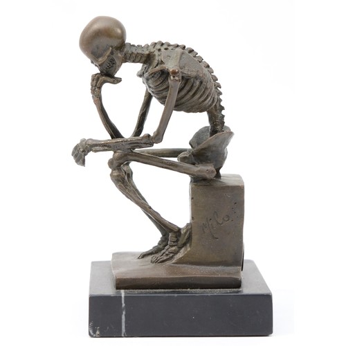 189 - A bronze figural model of a seated skeleton, signed 'Milo' later casting, with foundry stamp, upon a... 