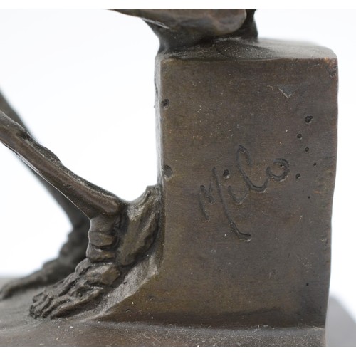 189 - A bronze figural model of a seated skeleton, signed 'Milo' later casting, with foundry stamp, upon a... 