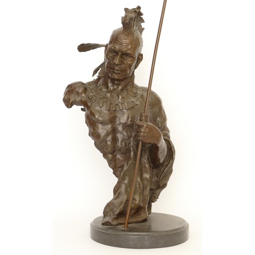 191 - A large bronze bust of a native American Indian Chief holding an arrow, signed 'Nick', raised on a c... 