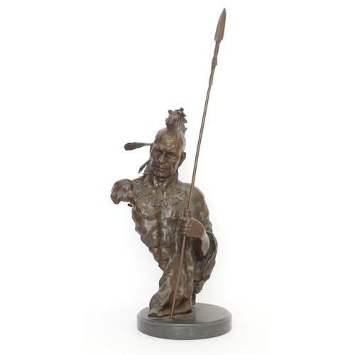 191 - A large bronze bust of a native American Indian Chief holding an arrow, signed 'Nick', raised on a c... 