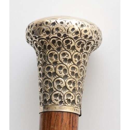 196 - Early 20th century walking cane, with planished silver domed pommel, engraved 'T.W.Young.R.N.R' hall... 