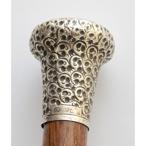 196 - Early 20th century walking cane, with planished silver domed pommel, engraved 'T.W.Young.R.N.R' hall... 