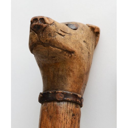 197 - A late 19th century carved fruitwood walking stick, the carved dogs head terminal with glass bead ey... 