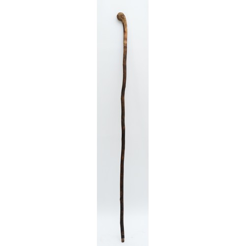 198 - An Oriental walking stick of tapering form, the handle carved with the head of a Chinese Immortal, 9... 