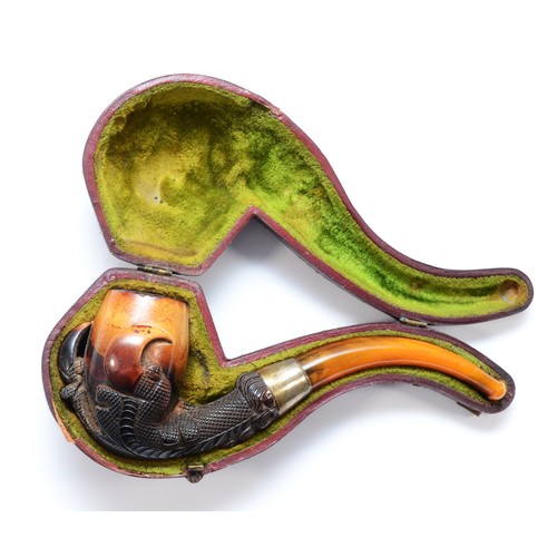 201 - An Edwardian silver mounted carved Meerschaum pipe, Birmingham 1902, with claw bowl and amber mouthp... 