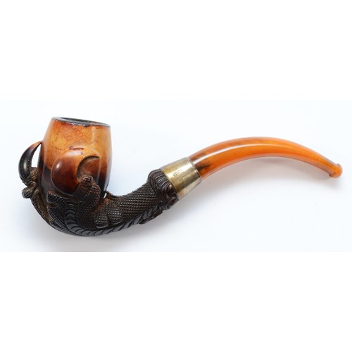 201 - An Edwardian silver mounted carved Meerschaum pipe, Birmingham 1902, with claw bowl and amber mouthp... 