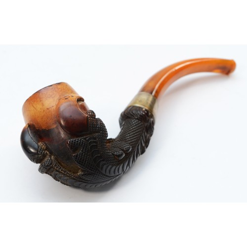 201 - An Edwardian silver mounted carved Meerschaum pipe, Birmingham 1902, with claw bowl and amber mouthp... 