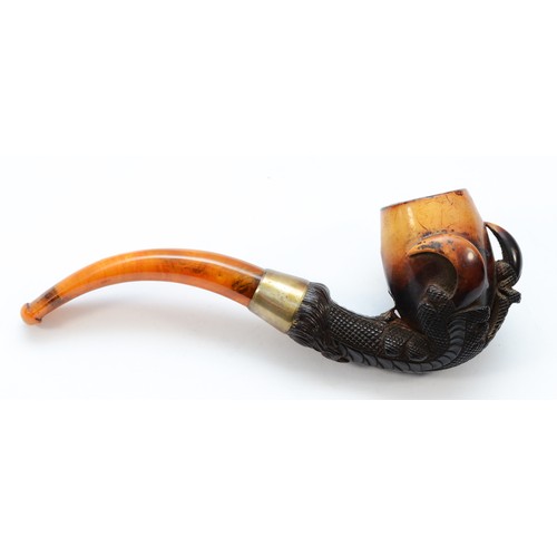 201 - An Edwardian silver mounted carved Meerschaum pipe, Birmingham 1902, with claw bowl and amber mouthp... 