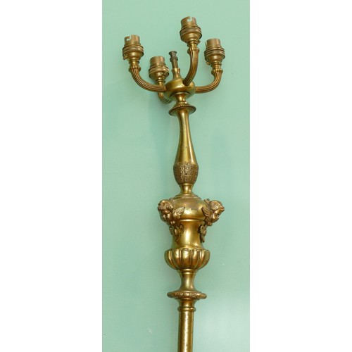 205 - A Louis XV style gilt brass floor standing lamp, having four branch fittings, turned column with att... 