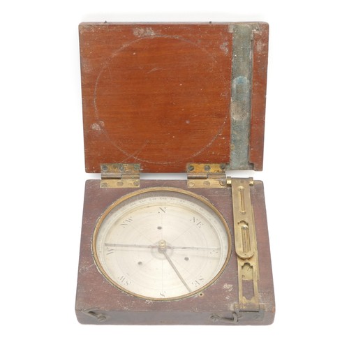 208 - A 19th century mahogany cased surveyor's compass, having silvered dial, brass folding sights with in... 