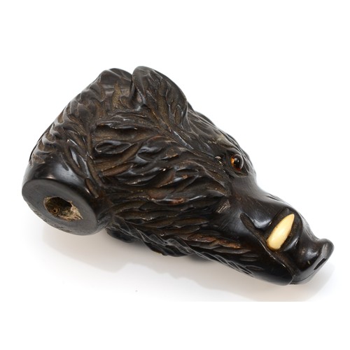 210 - A 19th century carved horn cane handle, in the form of a wild boar, with glass eyseand bone tusks, 7... 