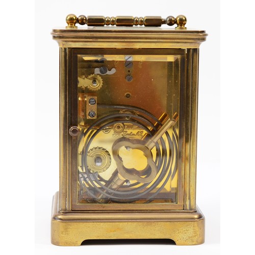 220 - A 20th century Matthew Norman brass case carriage clock, having enamelled white dial with Roman nume... 