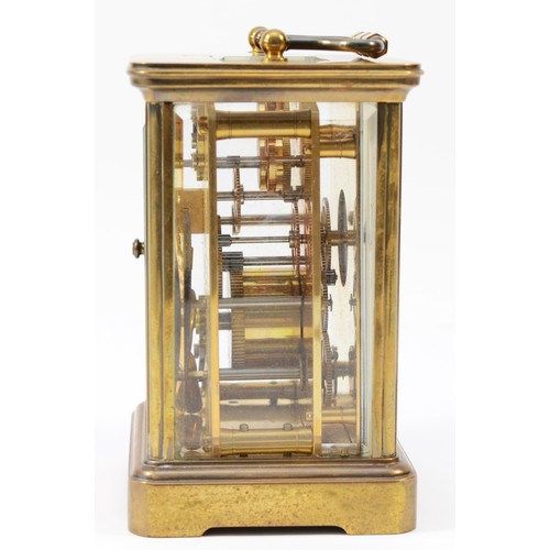 220 - A 20th century Matthew Norman brass case carriage clock, having enamelled white dial with Roman nume... 