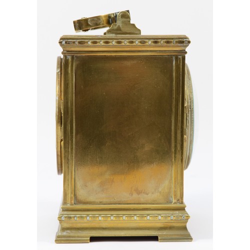 243 - An early 20th century French brass case carriage/mantel clock, of square form having painted porcela... 