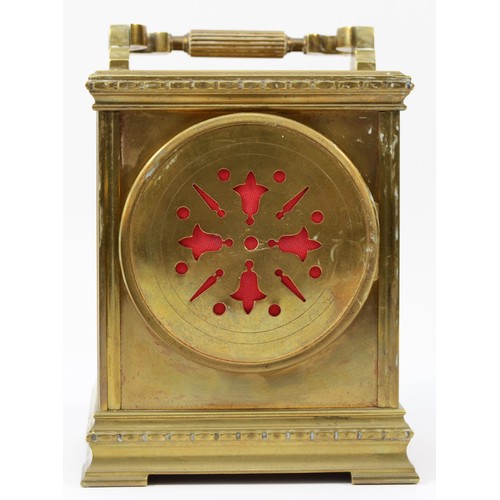 243 - An early 20th century French brass case carriage/mantel clock, of square form having painted porcela... 