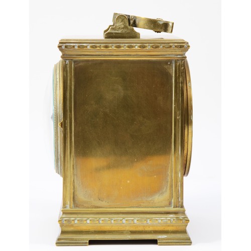 243 - An early 20th century French brass case carriage/mantel clock, of square form having painted porcela... 