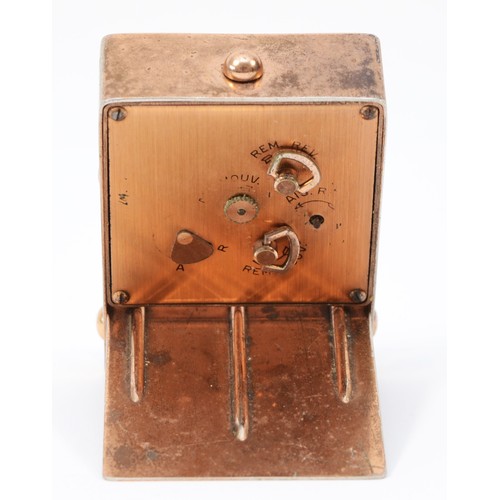 244 - A 1920s Art Deco Jaeger traveling alarm clock, plated copper folding case, the dial stamped Jaeger F... 