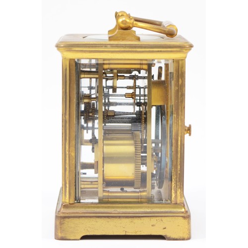 224 - An early 20th century French brass case carriage clock, having white enamelled dial with Roman numer... 