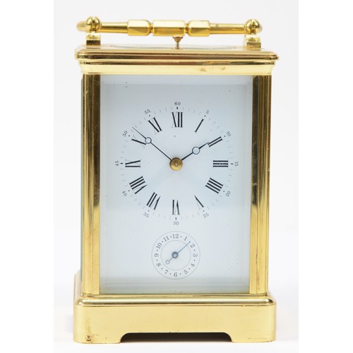 225 - A 20th century French brass corniche case hourly repeater carriage clock, the white enamelled dial w... 