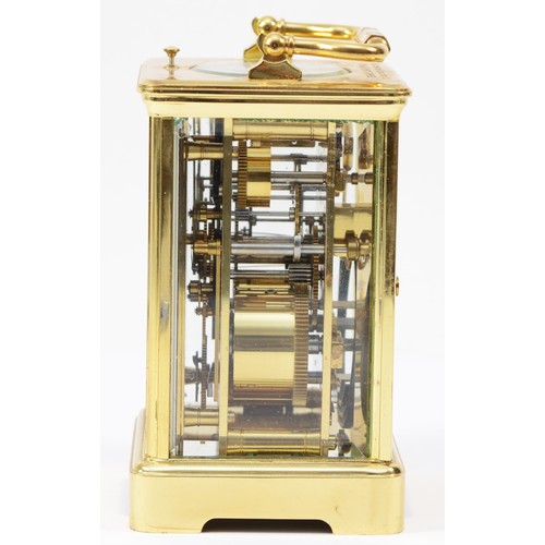 225 - A 20th century French brass corniche case hourly repeater carriage clock, the white enamelled dial w... 