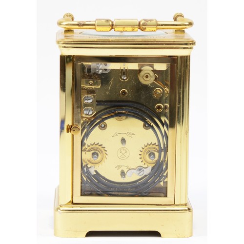 225 - A 20th century French brass corniche case hourly repeater carriage clock, the white enamelled dial w... 