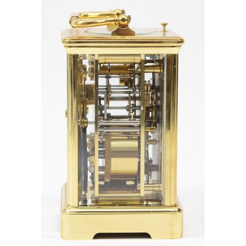 225 - A 20th century French brass corniche case hourly repeater carriage clock, the white enamelled dial w... 