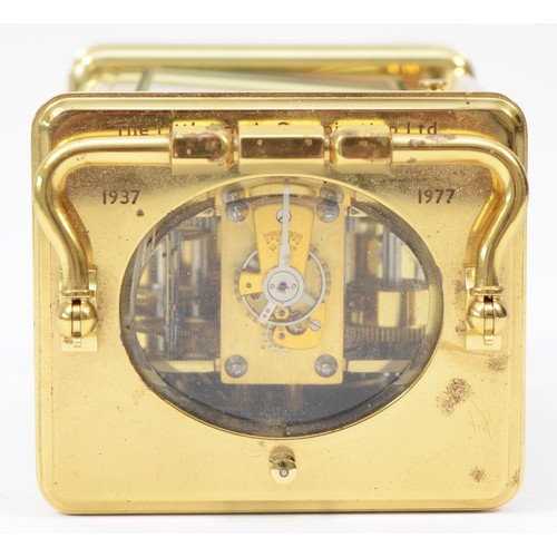 225 - A 20th century French brass corniche case hourly repeater carriage clock, the white enamelled dial w... 