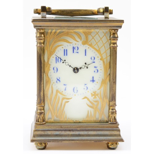 226 - An early 20th century French brass case carriage clock, the painted porcelain dial with blue Arabic ... 